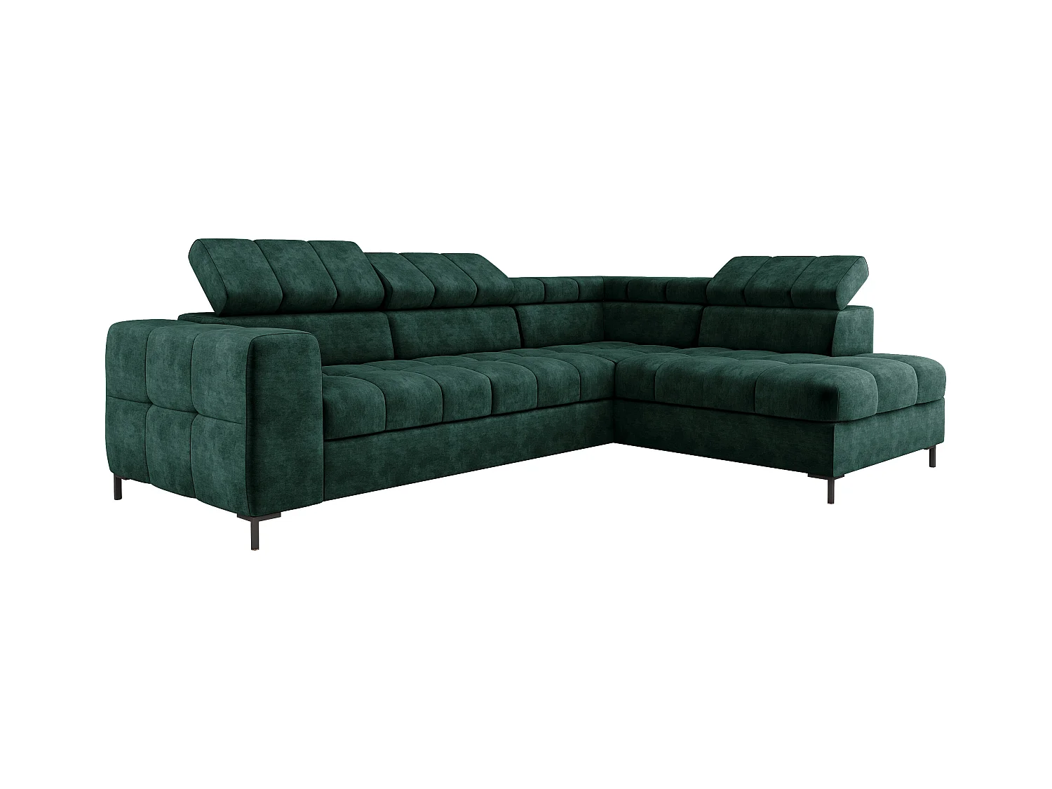 Ecksofa PABLO 279x201 cm, Bettfunktion, Bettkasten, verstellbare Kopfstützen, weicher CLOUD-Stoff, Metallfüße, rechte Anordnung, grün