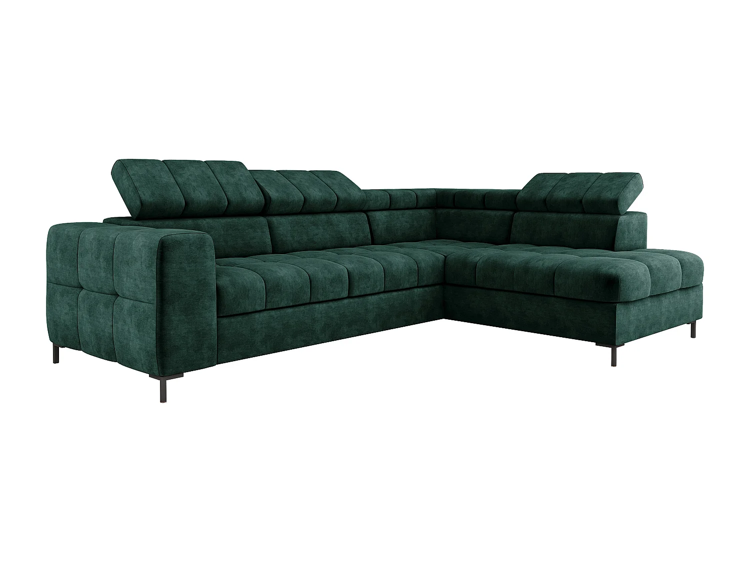 Hoekbank PABLO 279x201 cm, bedfunctie, commode, verstelbare hoofdsteunen, stof CLOUD zacht, metalen poten, rechter opstelling, groen