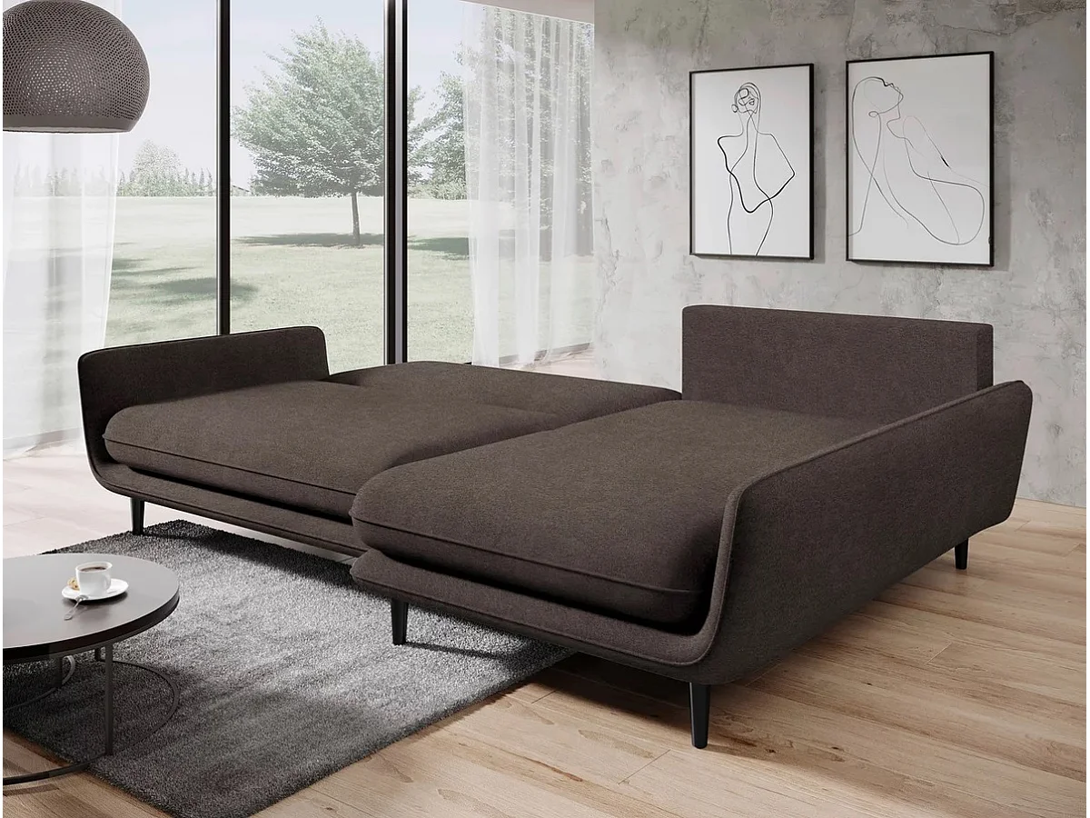 SOLANO hoekbank met bedfunctie - Elegante Scandinavische bank 260x167 cm, Houten bedstee en poten, Kleur donkerbruin, Rechts