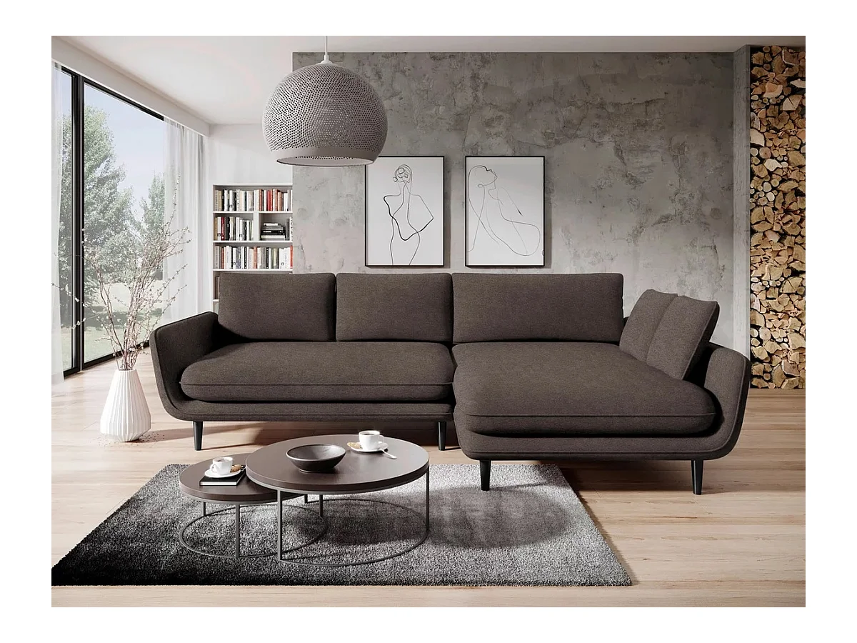 Canapé d'angle SOLANO avec fonction lit – Canapé scandinave élégant 260x167 cm, Coffre de lit et pieds en bois, Couleur marron foncé, Droit