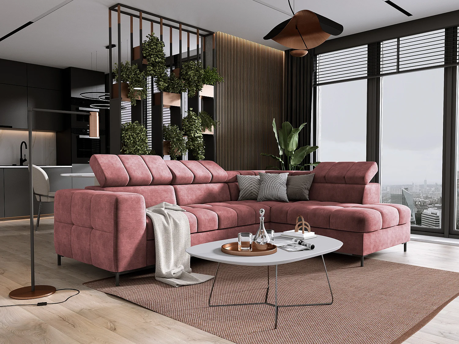 Hoekbank PABLO 279x201 cm, opbergbox, bedfunctie, verstelbare hoofdsteunen, metalen poten, CLOUD stof, rechte zit, roze