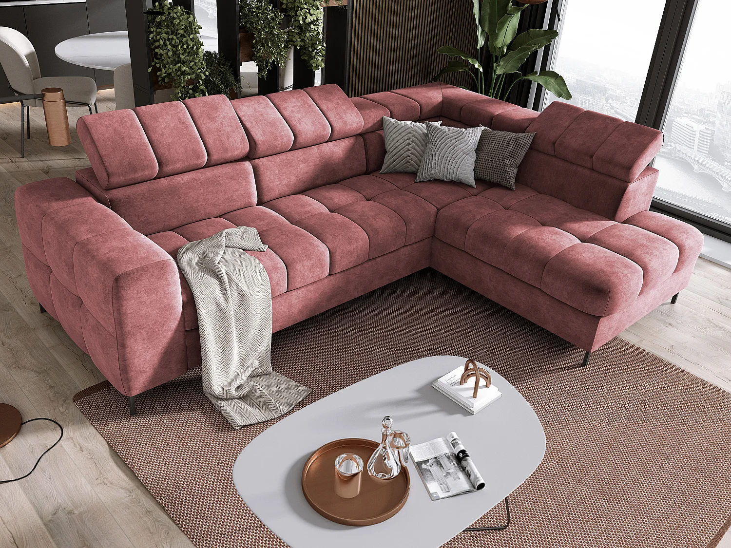 Hoekbank PABLO 279x201 cm, opbergbox, bedfunctie, verstelbare hoofdsteunen, metalen poten, CLOUD stof, rechte zit, roze