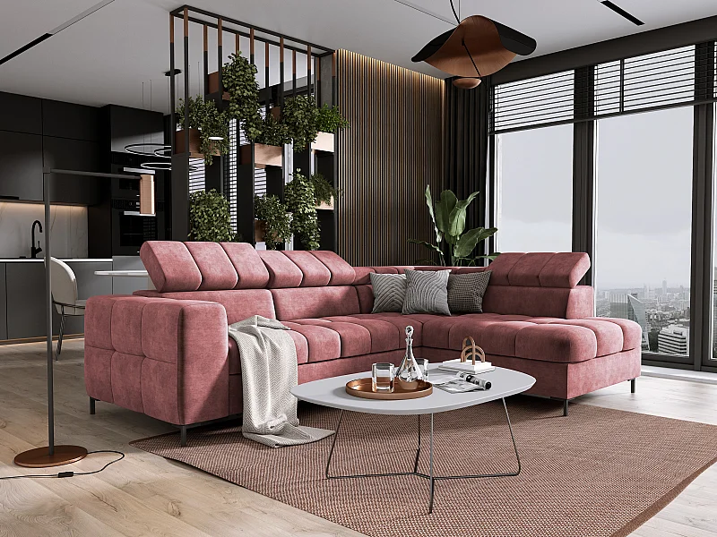 Canapé d'angle PABLO 279x201 cm, coffre de rangement, fonction lit, têtières réglables, pieds en métal, tissu CLOUD, design droit, rose