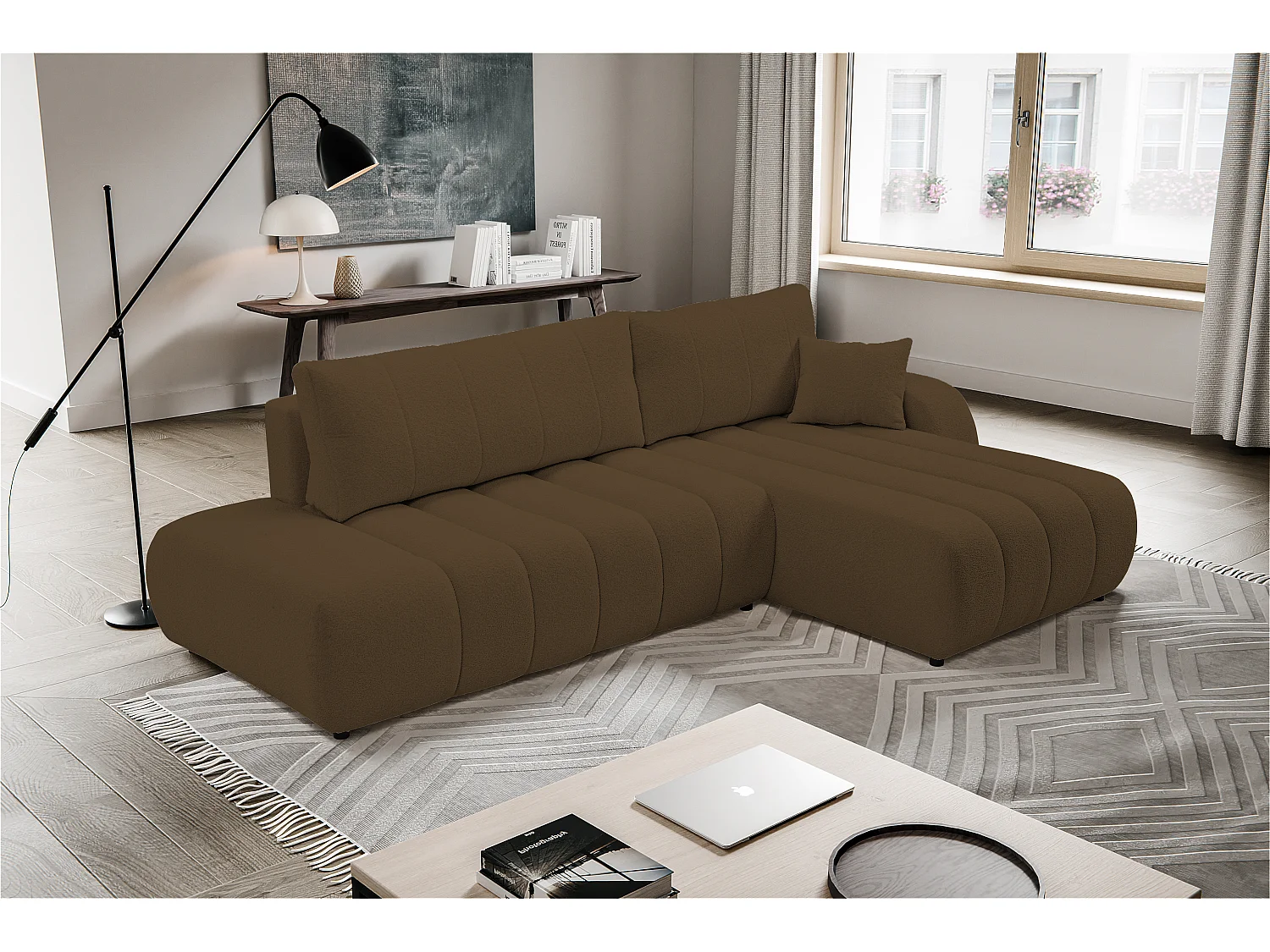Canapé d'angle avec fonction sommeil BALOO - Design moderne, haute fonctionnalité, assise confortable, matériaux durables, couleur brun foncé, droite