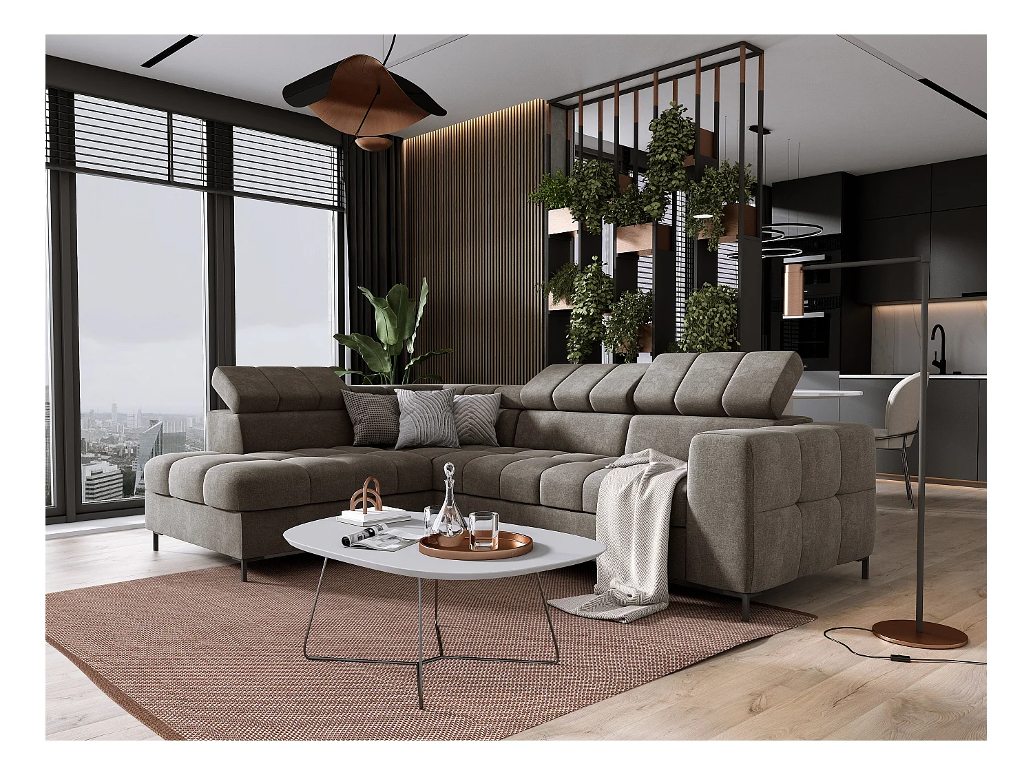 Canapé d'angle PABLO 279x201 cm, convertible, appuie-têtes réglables, coffre, pieds métal, tissu VOGUE, gauche, BEIGE