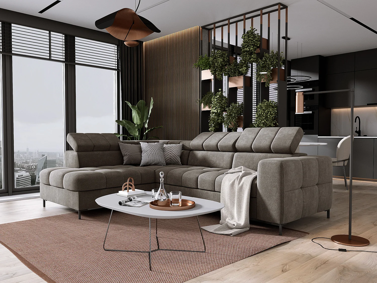 Canapé d'angle PABLO 279x201 cm, convertible, appuie-têtes réglables, coffre, pieds métal, tissu VOGUE, gauche, BEIGE