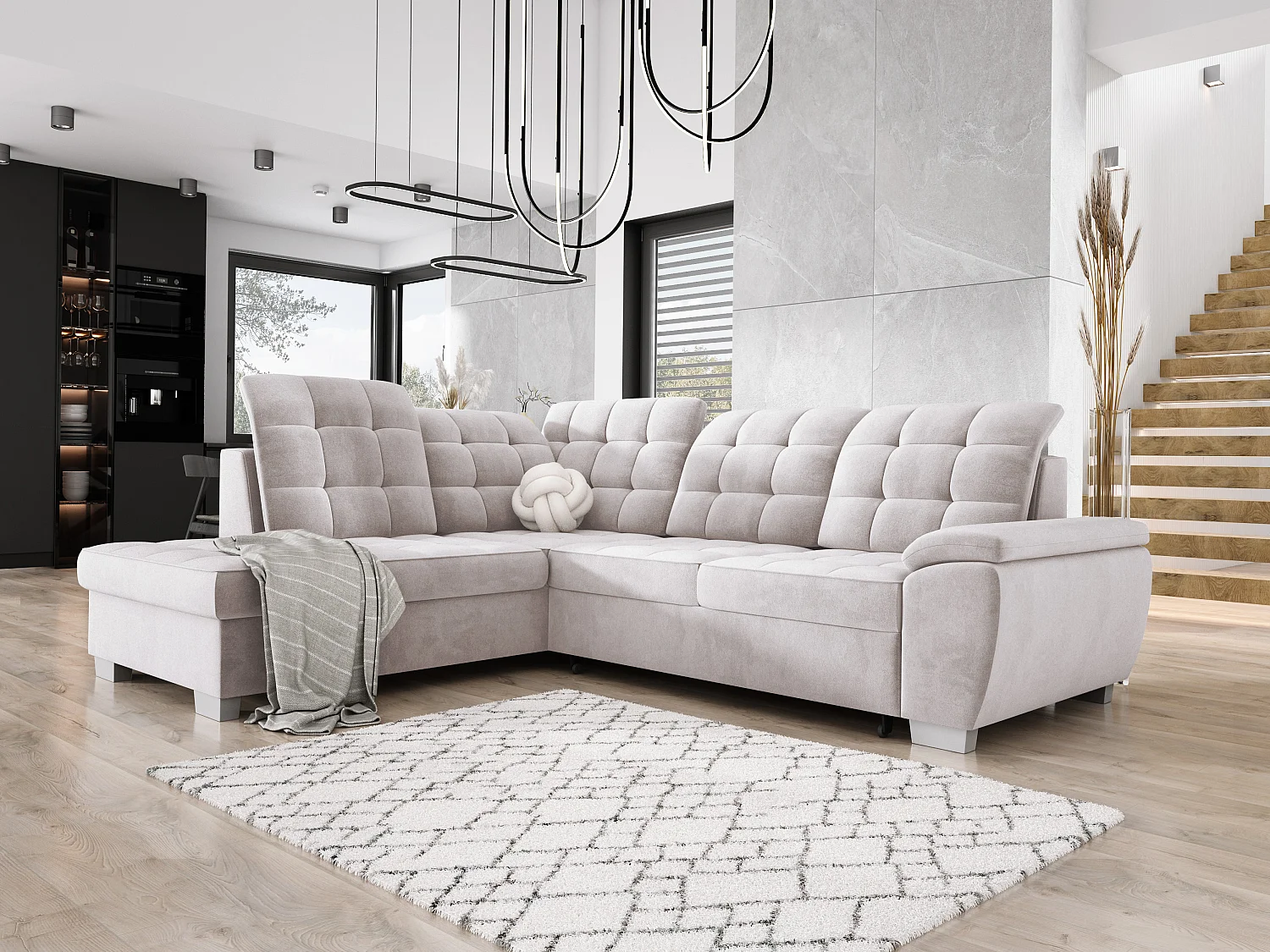 Sofa LOTTA in stof SALVADOR, ombouwbaar, ruime opbergruimte, elegant design, 258x212 cm, linkerhoek, LIGHT GREY