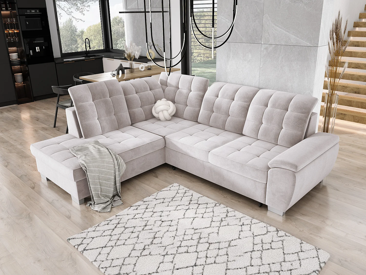 Sofa LOTTA in stof SALVADOR, ombouwbaar, ruime opbergruimte, elegant design, 258x212 cm, linkerhoek, LIGHT GREY