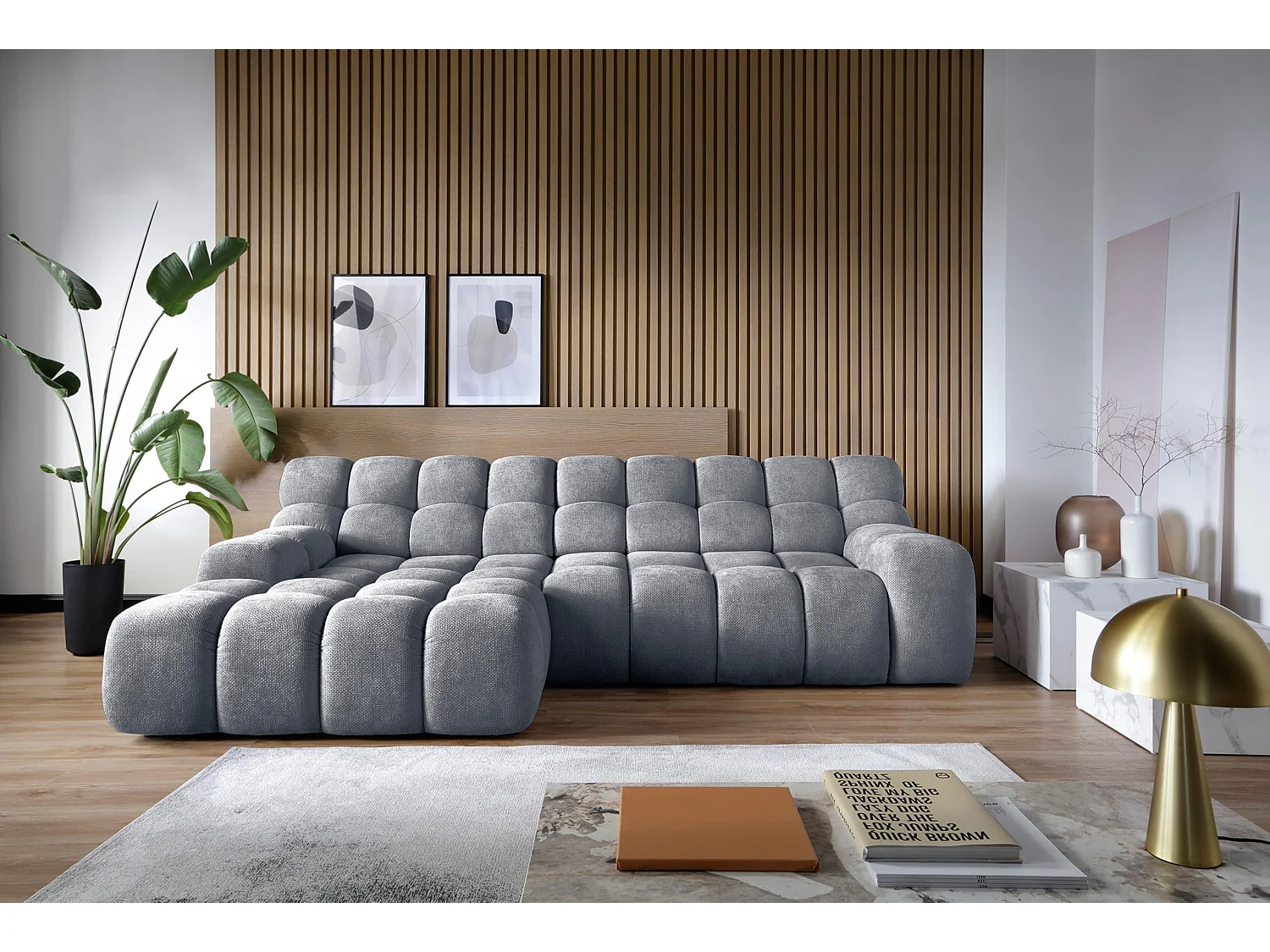 Ecksofa CAMPILE DomoHome, elektrisch verstellbarer Sitz, verstellbare Kopfstützen, linke Ecke, 288x119x85 cm, ZENTRALGRAU