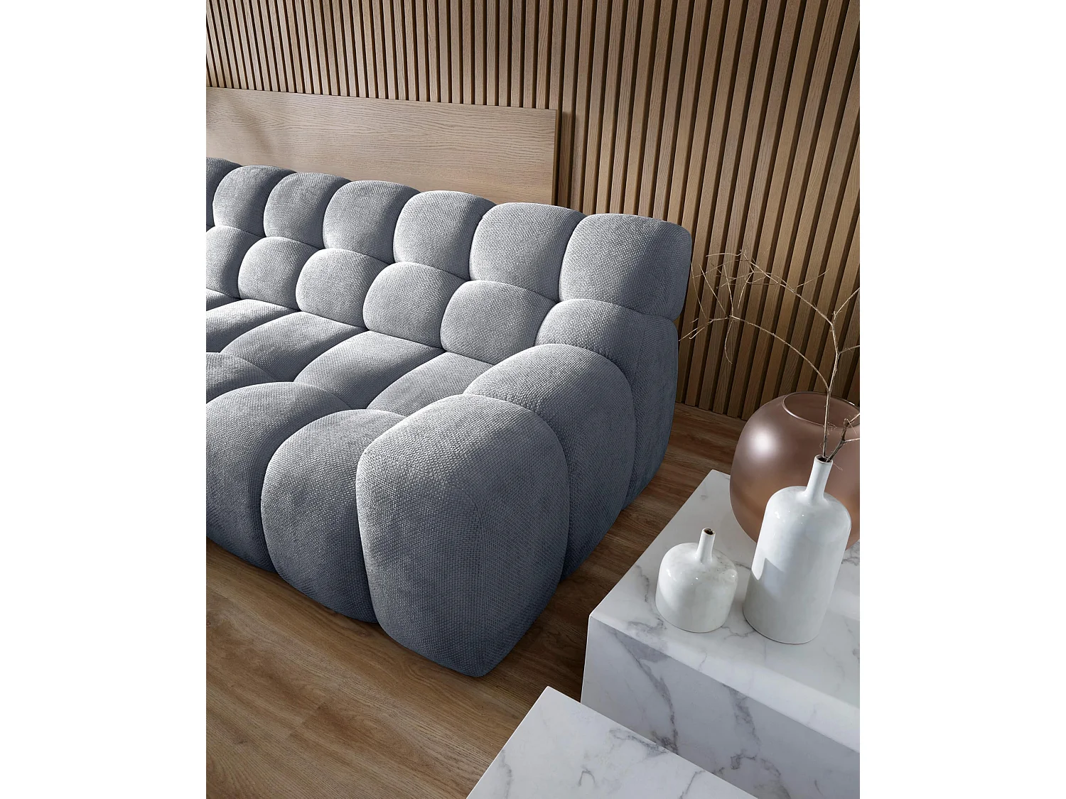 Ecksofa CAMPILE DomoHome, elektrisch verstellbarer Sitz, verstellbare Kopfstützen, linke Ecke, 288x119x85 cm, ZENTRALGRAU