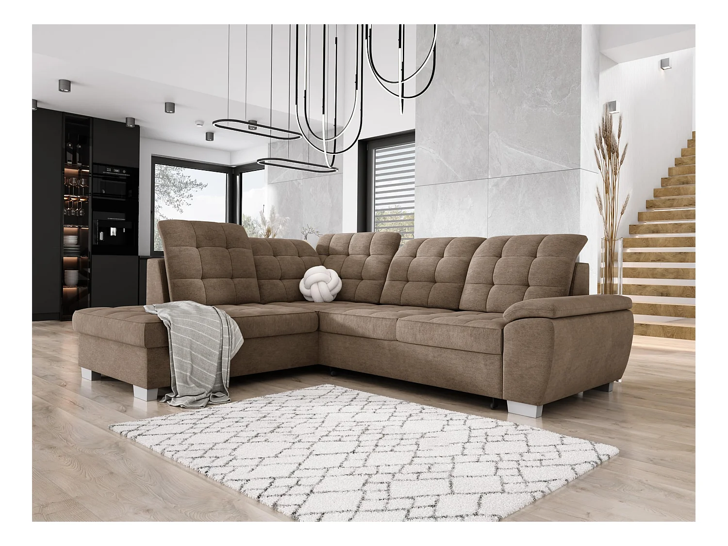 Canapé d'angle LOTTA en velours facile d'entretien, 258x212cm, idéal pour familles, avec rangement pratique, à gauche, CAPPUCCINO