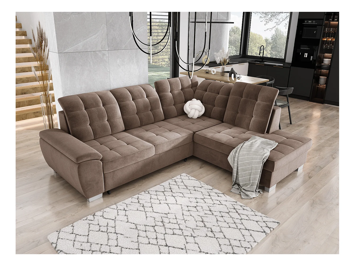 Canapé d'angle LOTTA, couchage 186x125 cm, relax, velours facile à entretenir, 258x212 cm, angle droit, CAPPUCINO