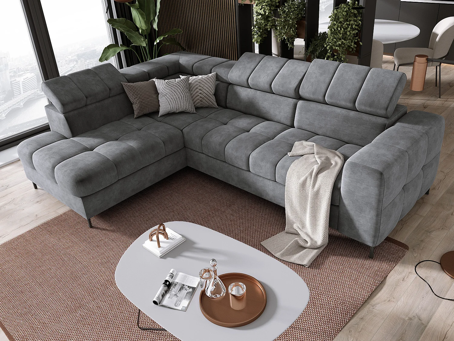 Sofa PABLOS z regulowanym zagłówkiem 279x201cm | spanie i schowek, Cloud Grey, lewa