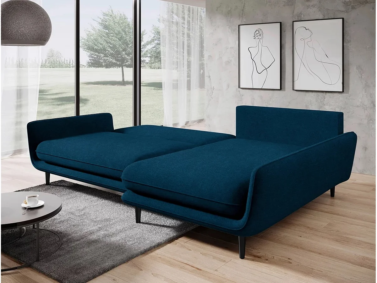 Ecksofa SOLANO mit Bettfunktion - Elegantes skandinavisches Sofa 260x167 cm, Bettkasten und Füße aus Holz, Farbe blau, Rechts