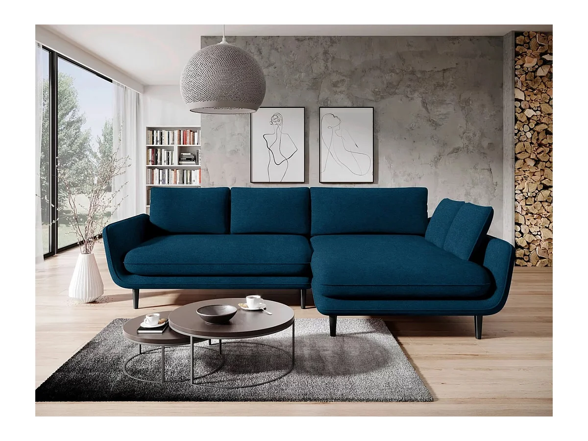 Canapé d'angle SOLANO avec fonction lit – Canapé scandinave élégant 260x167 cm, Coffre de lit et pieds en bois, Couleur bleue, Droit