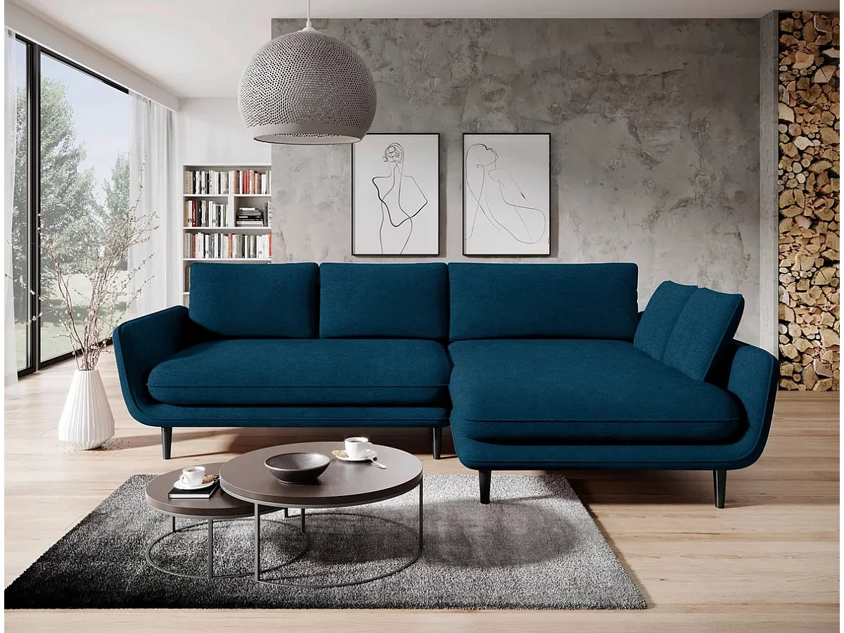 SOLANO hoekbank met bedfunctie - Elegante Scandinavische bank 260x167 cm, Houten commode en poten, Blauw, Rechts