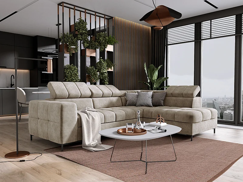 Ecksofa PABLO 279x201 cm, Schlafsofa, verstellbare Kopfstützen, Bettkasten, Metallfüße, CLOUD-Stoff, gerade Anordnung, beige