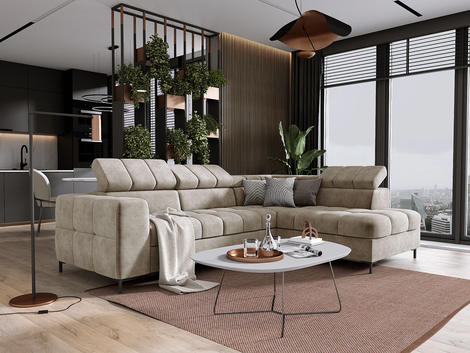 Narożnik PABLO 279x201 cm, rozkładany, regulowane zagłówki, schowek, metalowe nóżki, tkanina CLOUD, siedzisko proste, beżowy