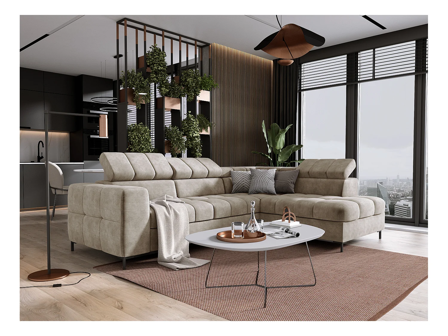 Ecksofa PABLO 279x201 cm, Schlafsofa, verstellbare Kopfstützen, Bettkasten, Metallfüße, CLOUD-Stoff, gerade Anordnung, beige