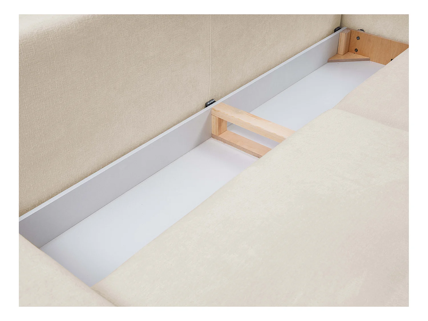 Sofa BOHO - Schlafsofa 140x200cm, Holzfüße, Bettzeugaufbewahrung, PUR-Schaumstoffpolsterung, 244x92x102cm BEIGE