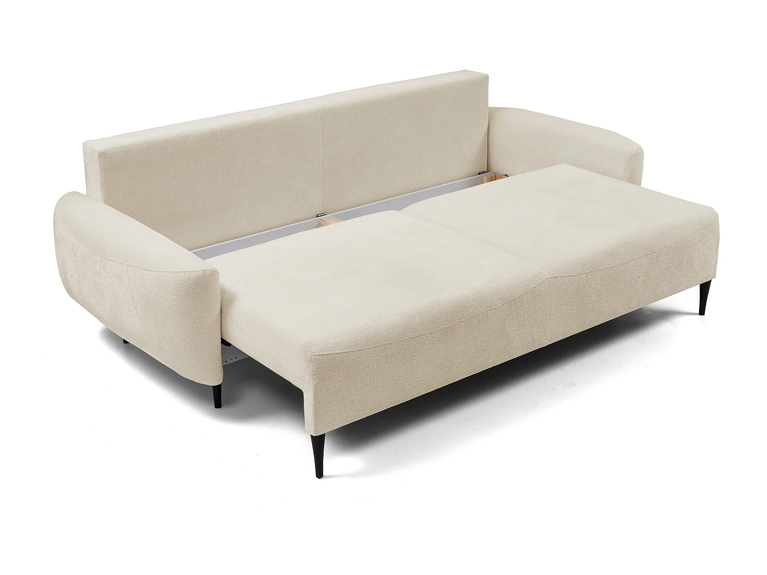 BOHO Sofa - Uitschuifbare bank met slaapoppervlak 140x200 cm, houten poten, opbergruimte, PUR-stof, 244x92x102 cm ZAND