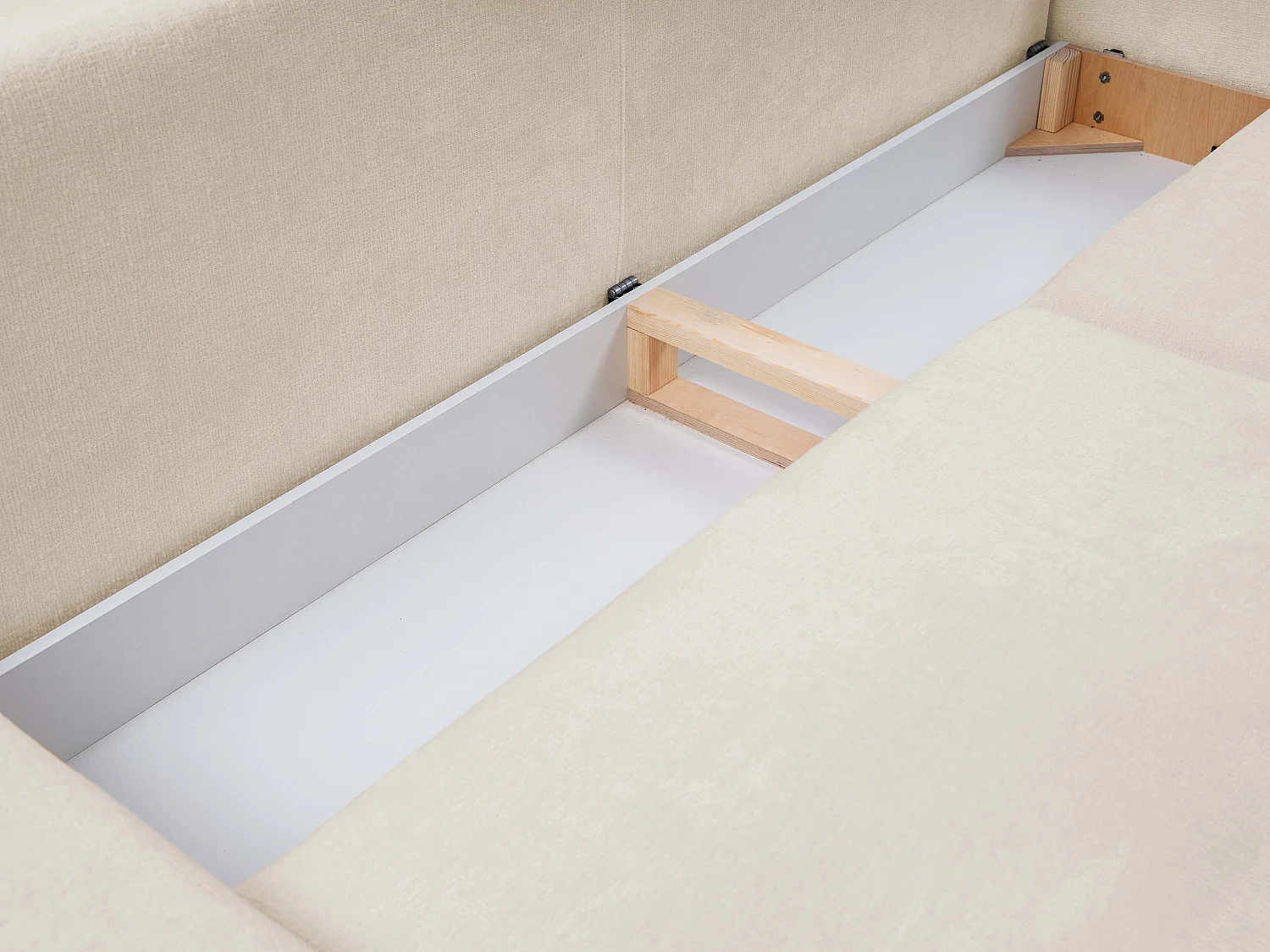 BOHO Sofa - Uitschuifbare bank met slaapoppervlak 140x200 cm, houten poten, opbergruimte, PUR-stof, 244x92x102 cm ZAND