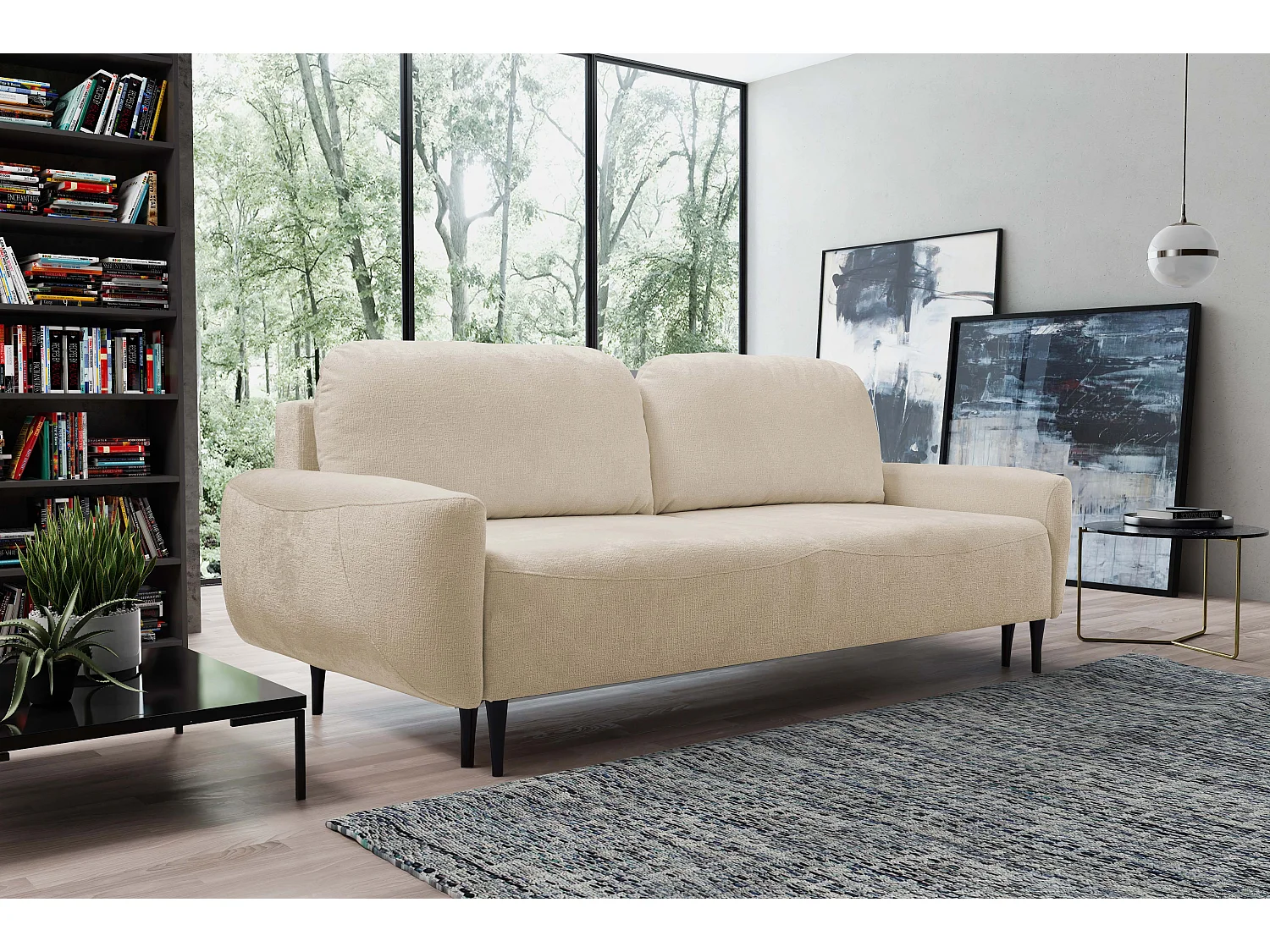 BOHO Sofa - Uitschuifbare bank met slaapoppervlak 140x200 cm, houten poten, opbergruimte, PUR-stof, 244x92x102 cm ZAND