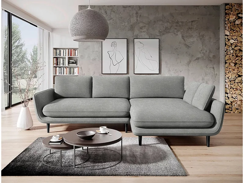 SOLANO hoekbank met bedfunctie - Elegante Scandinavische bank 260x167 cm, Houten bedkist en poten, Kleur lichtgrijs, Rechts