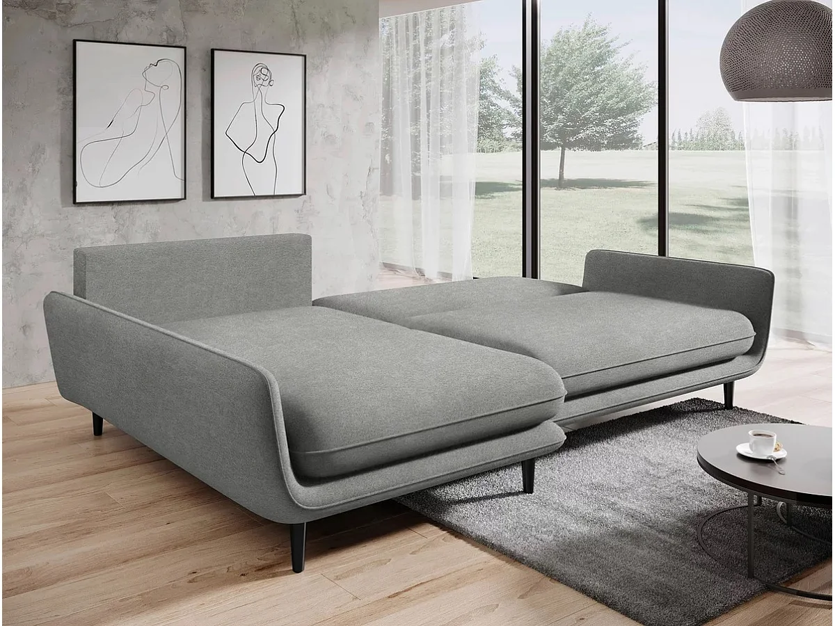 Ecksofa SOLANO mit Bettfunktion - Elegantes skandinavisches Sofa 260x167 cm, Bettkasten und Füße aus Holz, Farbe hellgrau, Rechts