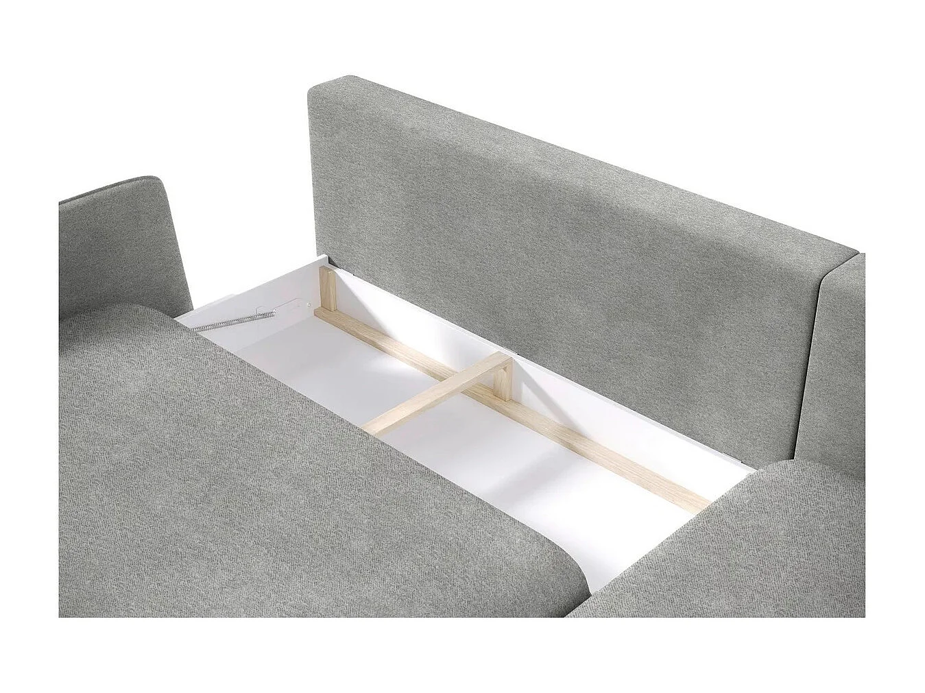 SOLANO hoekbank met bedfunctie - Elegante Scandinavische bank 260x167 cm, Houten bedkist en poten, Kleur lichtgrijs, Rechts