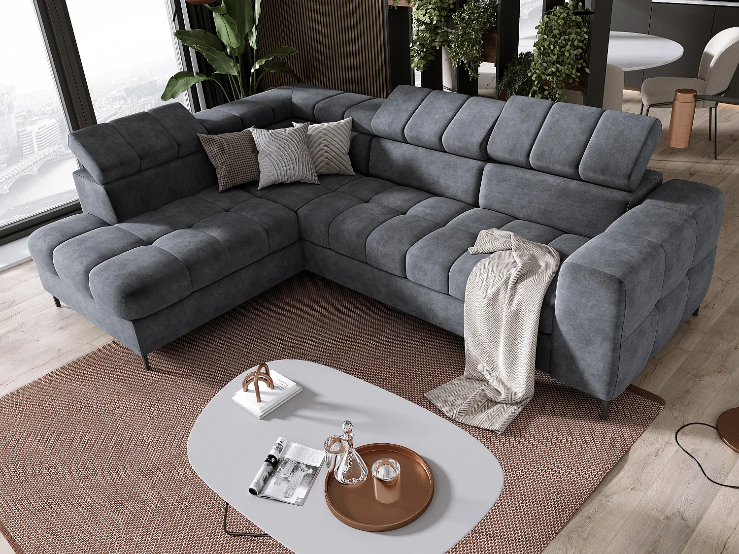 Sofa PABLOS met verstelbare hoofdsteun 279x201cm | Slapen & Opbergen, Donkergrijs Wolk, Links