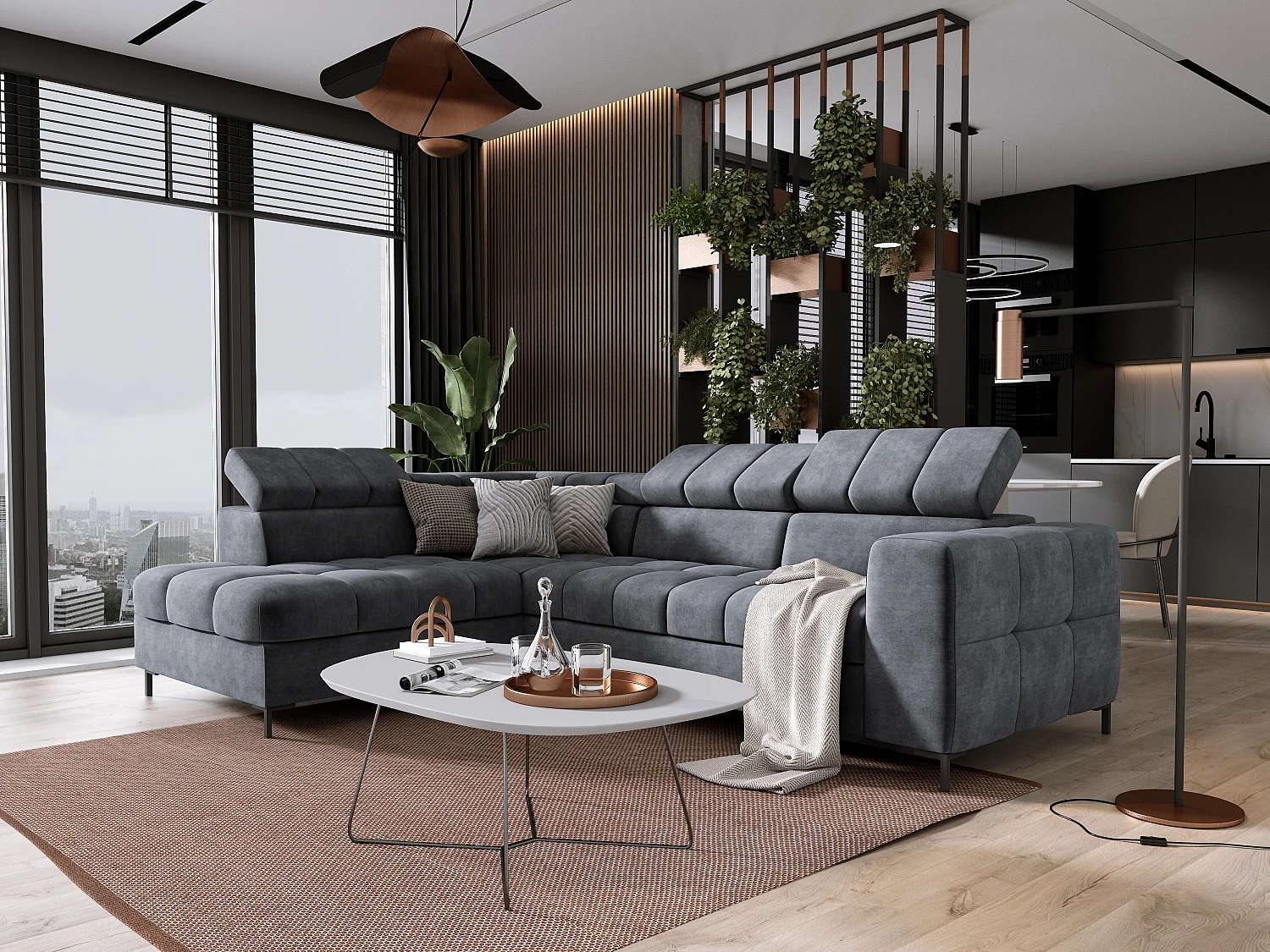 Sofa PABLOS met verstelbare hoofdsteun 279x201cm | Slapen & Opbergen, Donkergrijs Wolk, Links