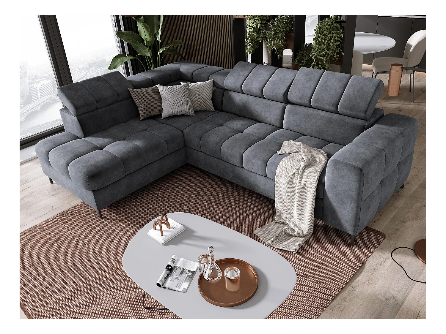 Canapé d'Angle PABLOS avec Têtière Réglable 279x201cm | Couchage & Rangement, Gris Foncé Cloud, Gauche