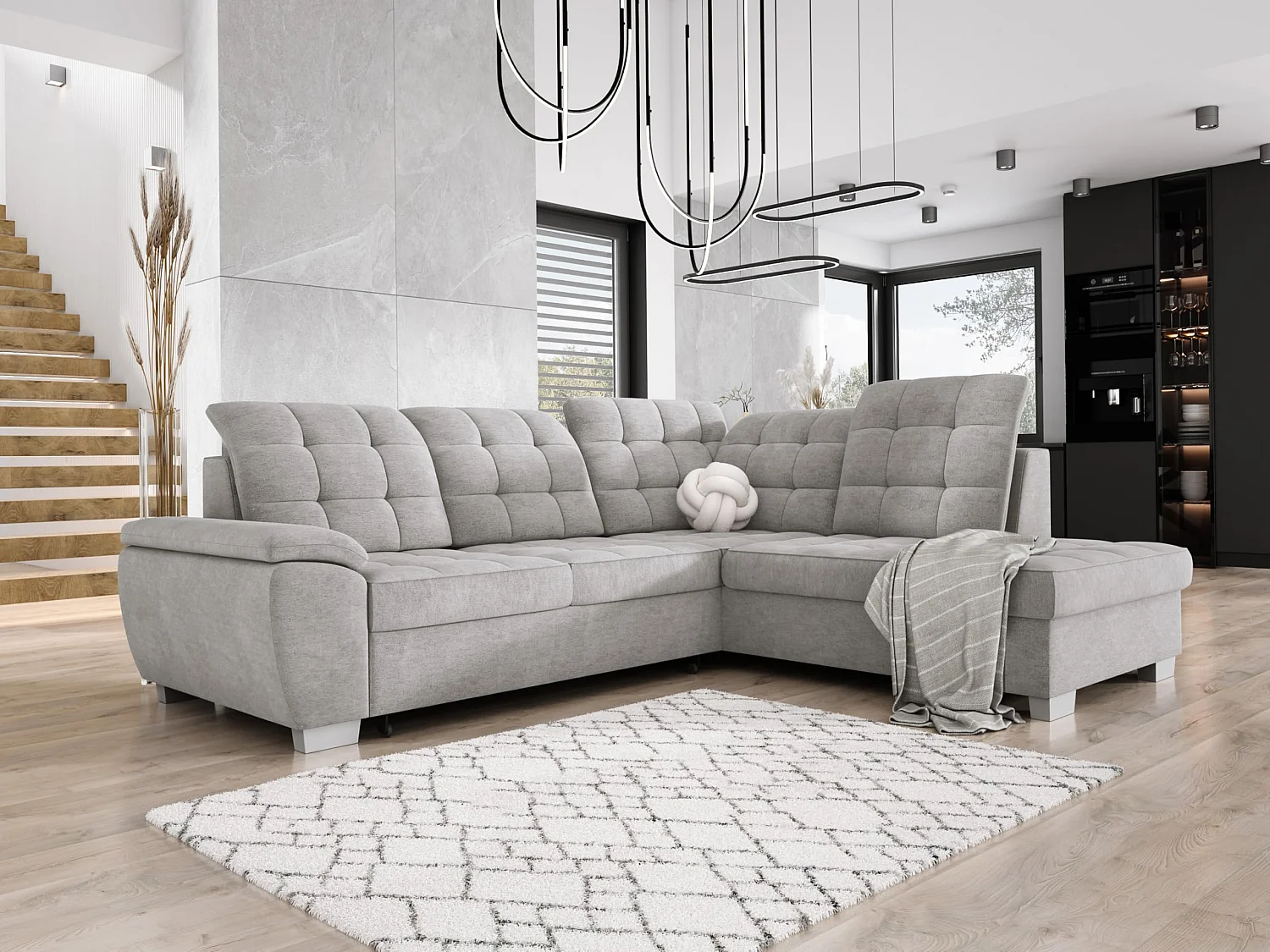 Narożnik LOTTA w tkaninie ASTI, 258x212cm – elegancki design, funkcja spania i pojemny schowek, układ prawy, kolor: JASNY