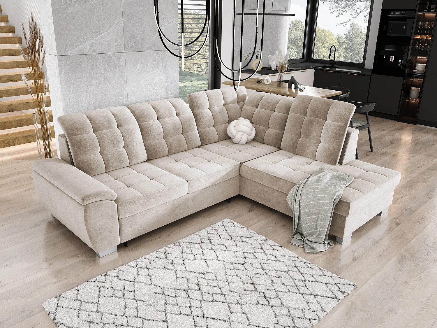 Sofa LOTTA in stof SALVADOR, ombouwbaar, ruime opbergruimte, elegant design, 258x212 cm, rechterhoek, BEIGE