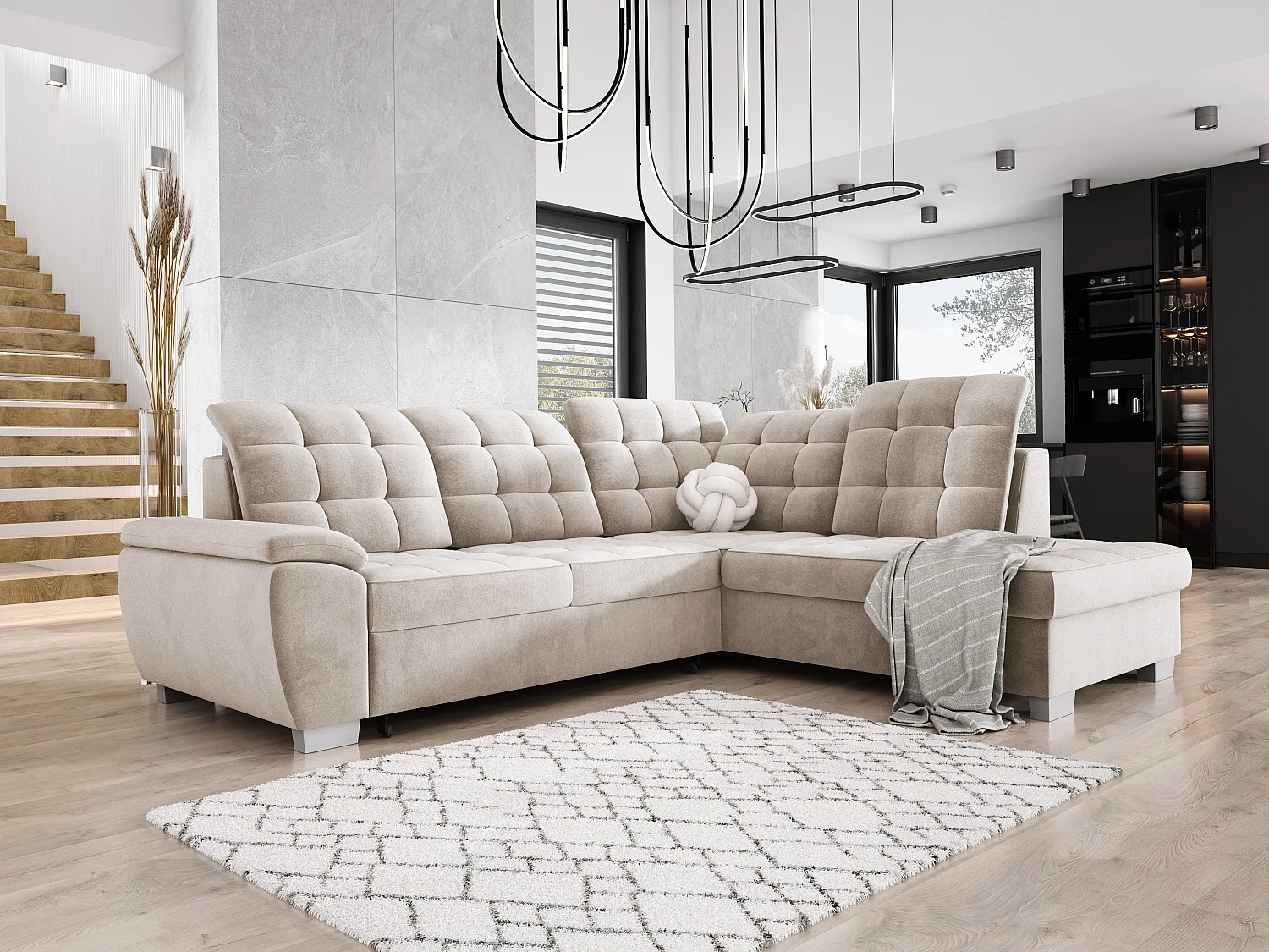 Sofa LOTTA in stof SALVADOR, ombouwbaar, ruime opbergruimte, elegant design, 258x212 cm, rechterhoek, BEIGE