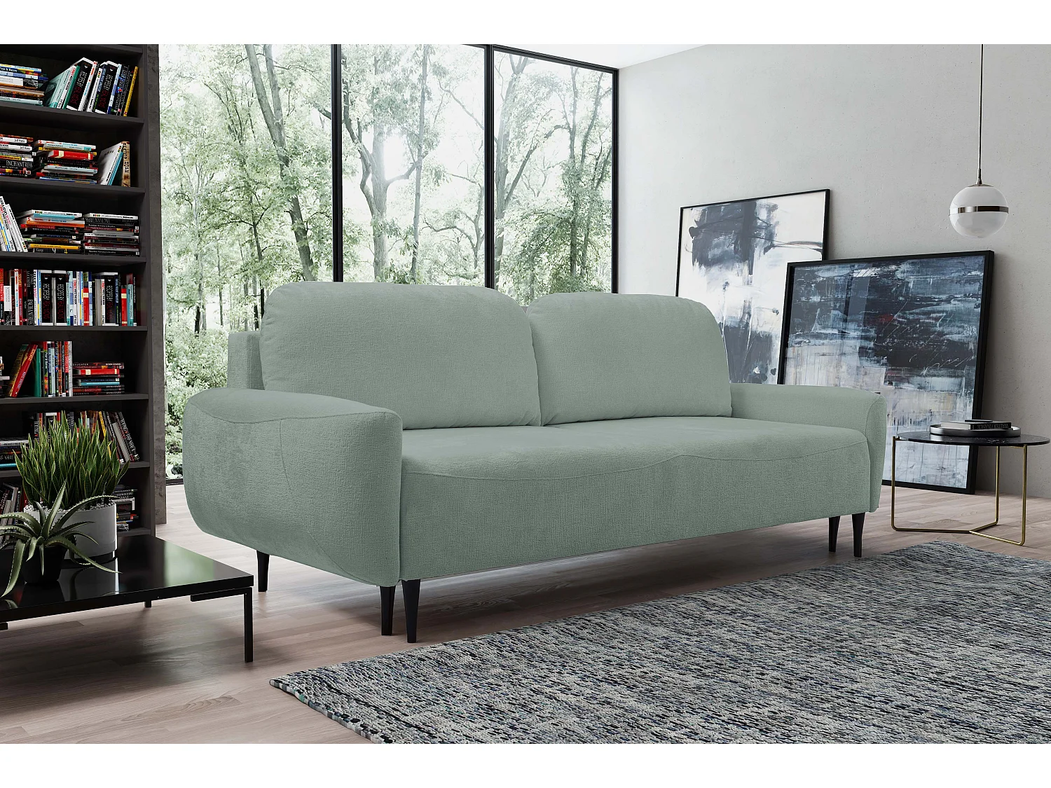 BOHO Sofa - Uitschuifbare bank met slaapoppervlak 140x200 cm, houten poten, opbergruimte, PUR-stof, 244x92x102 cm MUNT
