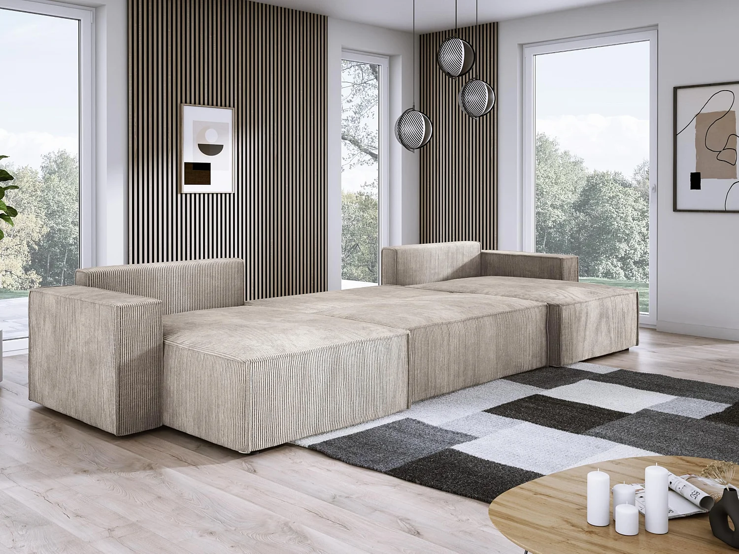 DomoHome XXL Canapé d'angle U avec lit 330x130cm, coussins doux, coffre, rembourrage haut de gamme, beige, 377x143x83cm