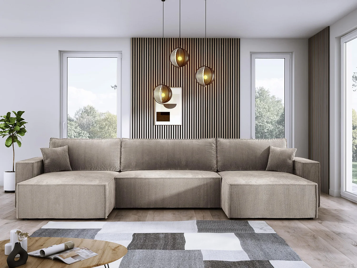 DomoHome XXL U-Ecksofa mit Bett 330x130cm, weiche Kissen, Bettkasten, hochwertige Polsterung, beige, 377x143x83cm