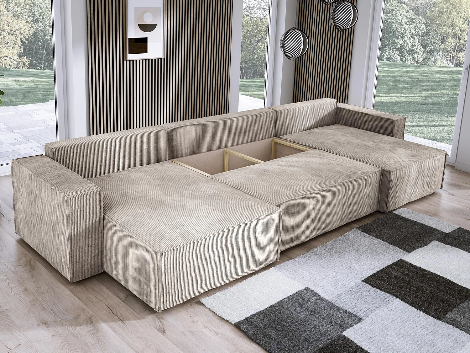 DomoHome XXL U-Ecksofa mit Bett 330x130cm, weiche Kissen, Bettkasten, hochwertige Polsterung, beige, 377x143x83cm
