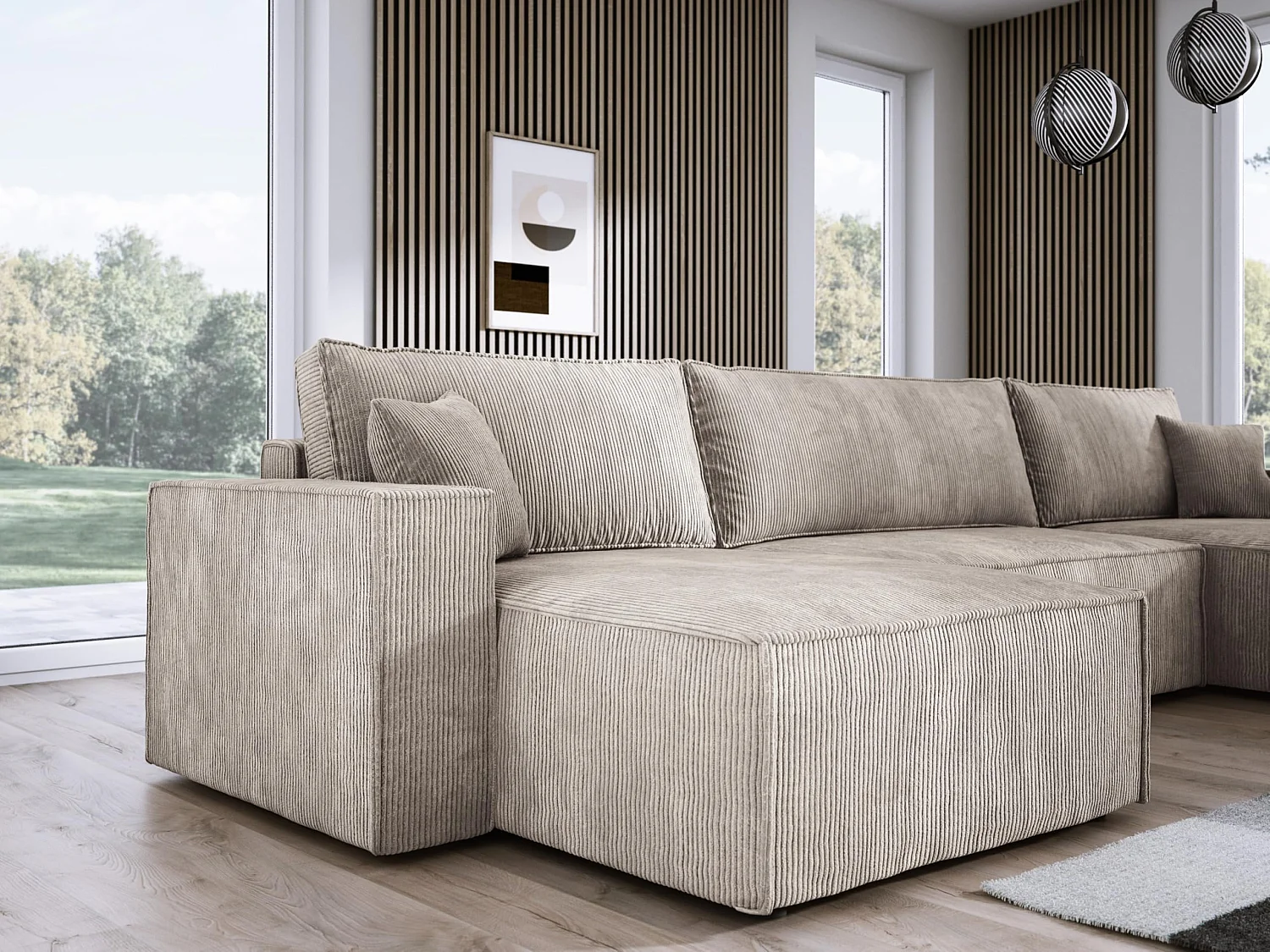 DomoHome XXL U-Ecksofa mit Bett 330x130cm, weiche Kissen, Bettkasten, hochwertige Polsterung, beige, 377x143x83cm