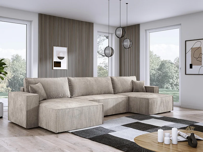 DomoHome XXL Canapé d'angle U avec lit 330x130cm, coussins doux, coffre, rembourrage haut de gamme, beige, 377x143x83cm