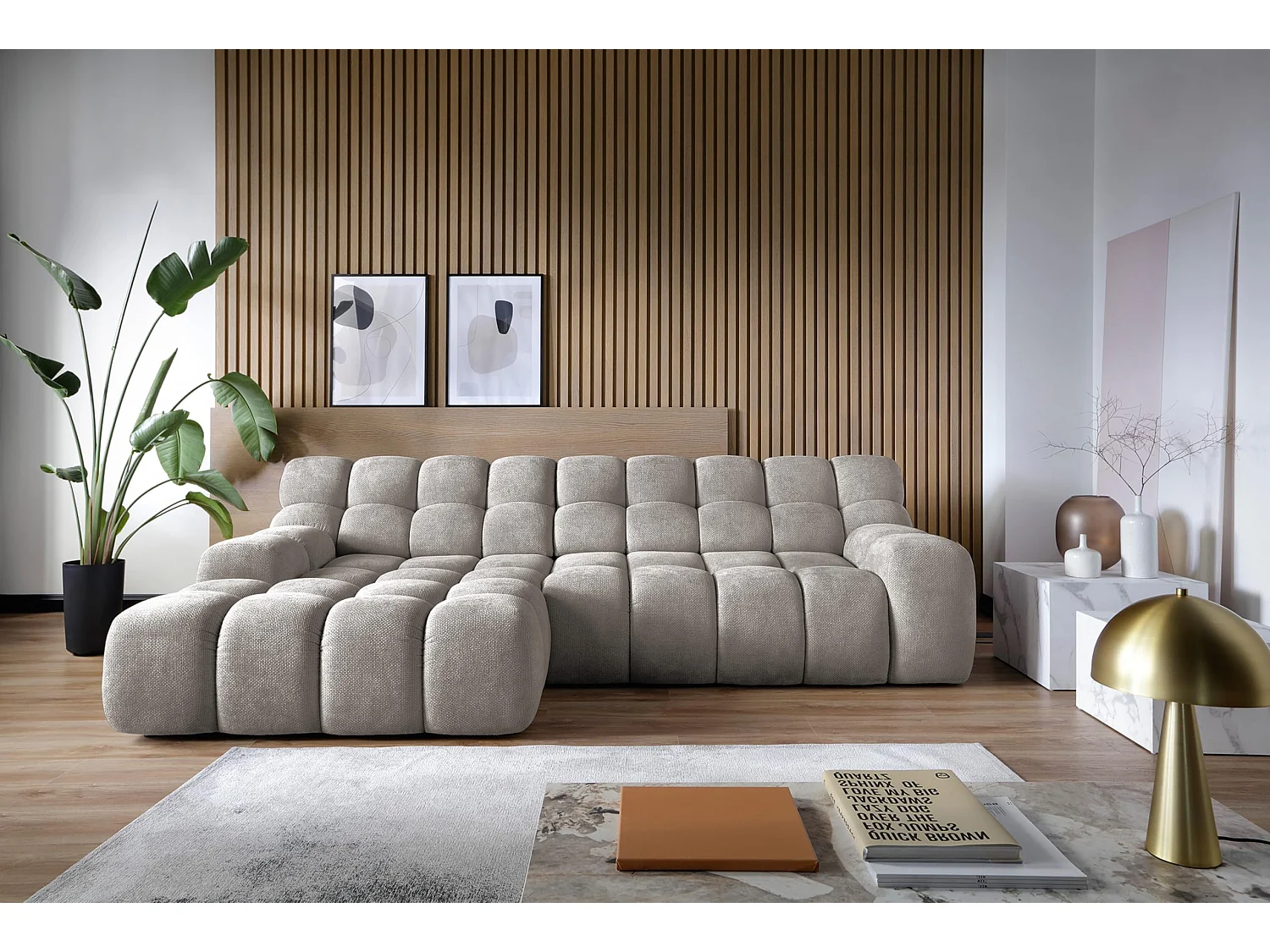 Canapé d'angle CAMPILE DomoHome, assise électrique réglable, appuie-têtes ajustables, angle gauche, 288x119x85 cm, GRIS CHINÉ