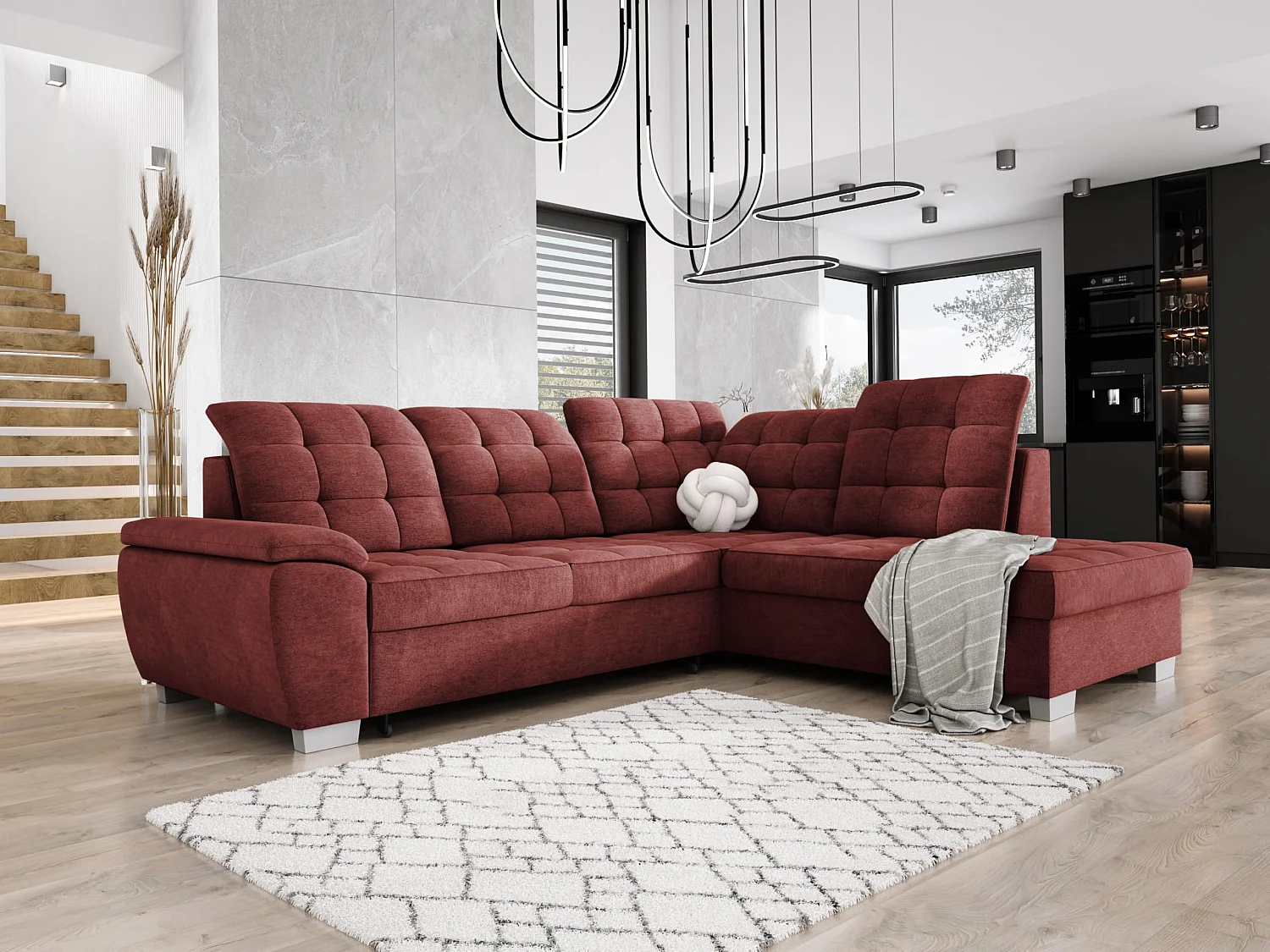 Narożnik LOTTA z łatwego w utrzymaniu weluru, 258x212cm, idealny dla rodzin, z praktycznym pojemnikiem na pościel, układ prawy, kolor: BURGUND