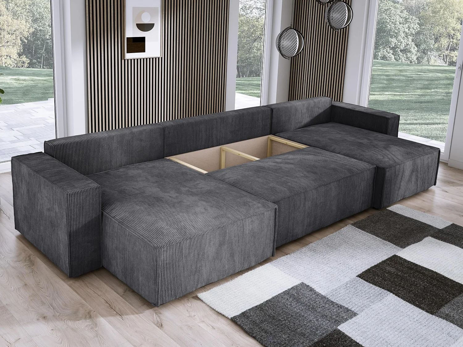 DomoHome XXL U-vormige hoekbank met bed 330x130cm, zachte kussens, commode, bekleding hoge kwaliteit, grafiet, 377x143x83cm