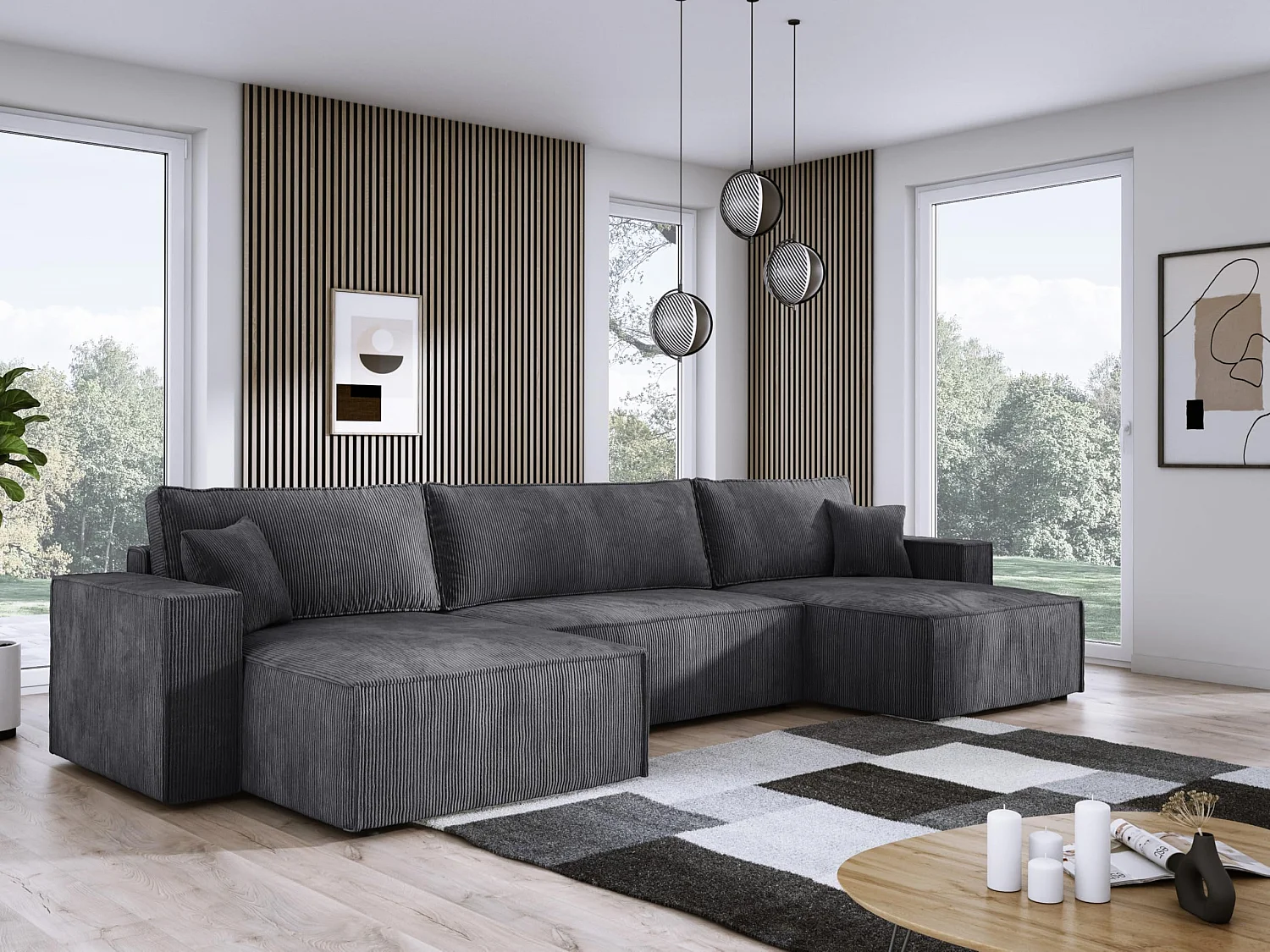 DomoHome XXL Canapé d'angle U avec lit 330x130cm, coussins doux, coffre, rembourrage haut de gamme, graphite, 377x143x83cm