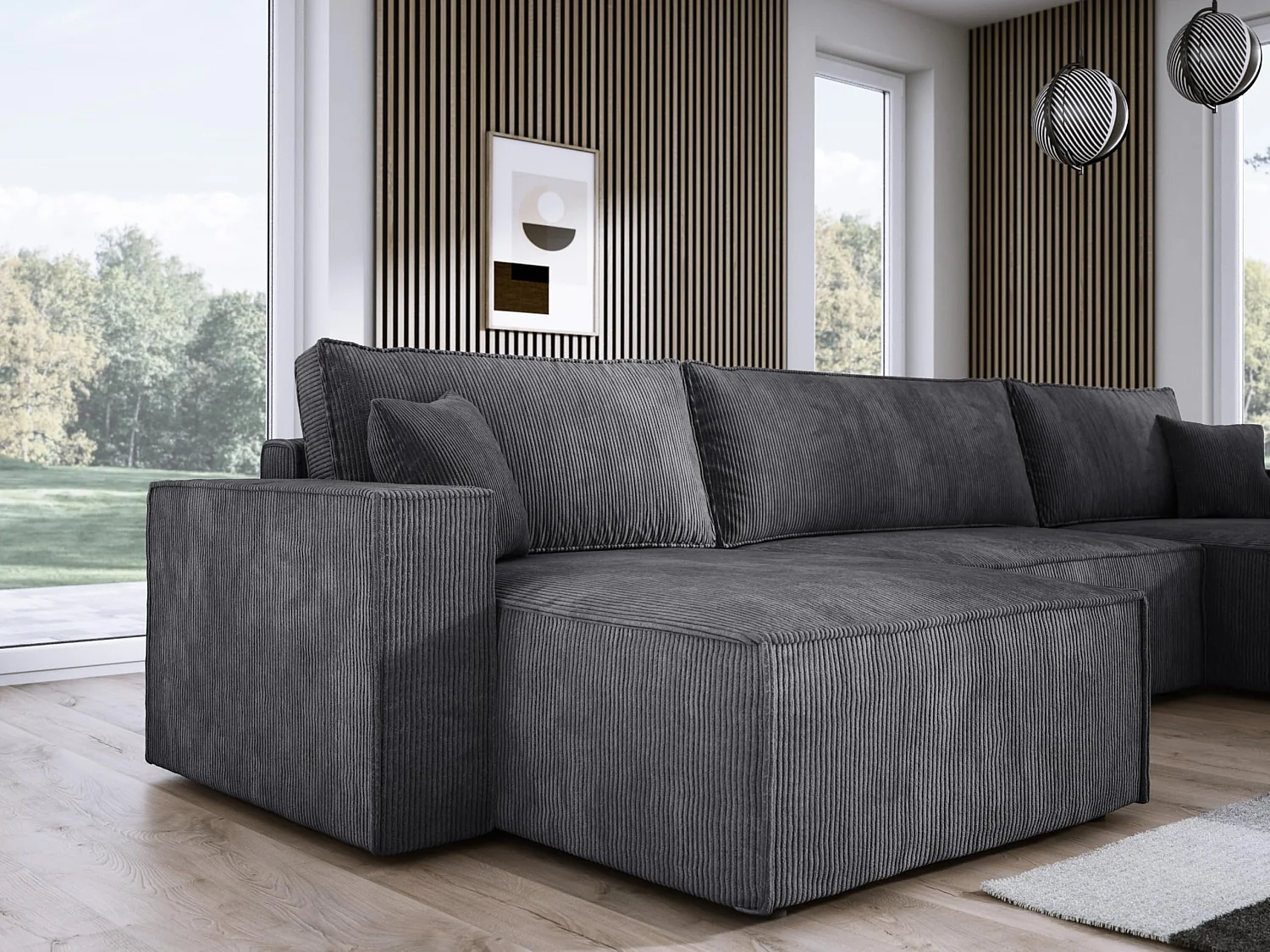 DomoHome XXL Canapé d'angle U avec lit 330x130cm, coussins doux, coffre, rembourrage haut de gamme, graphite, 377x143x83cm