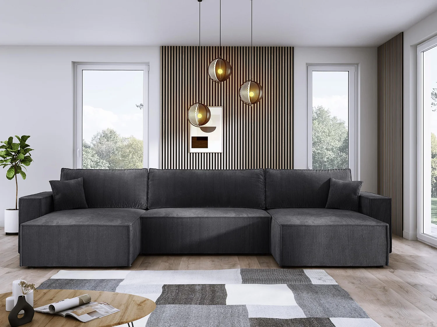 DomoHome XXL U-Ecksofa mit Bett 330x130cm, weiche Kissen, Truhe, hochwertige Polsterung, graphit, 377x143x83cm.