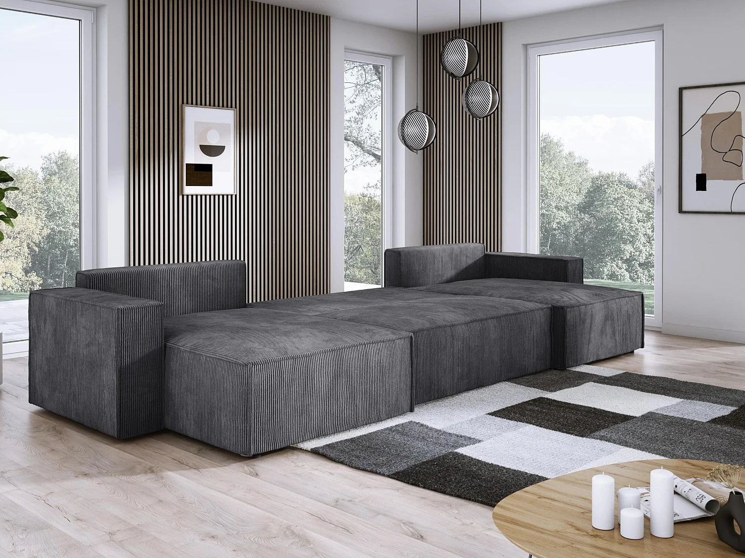 DomoHome XXL U-Ecksofa mit Bett 330x130cm, weiche Kissen, Truhe, hochwertige Polsterung, graphit, 377x143x83cm.