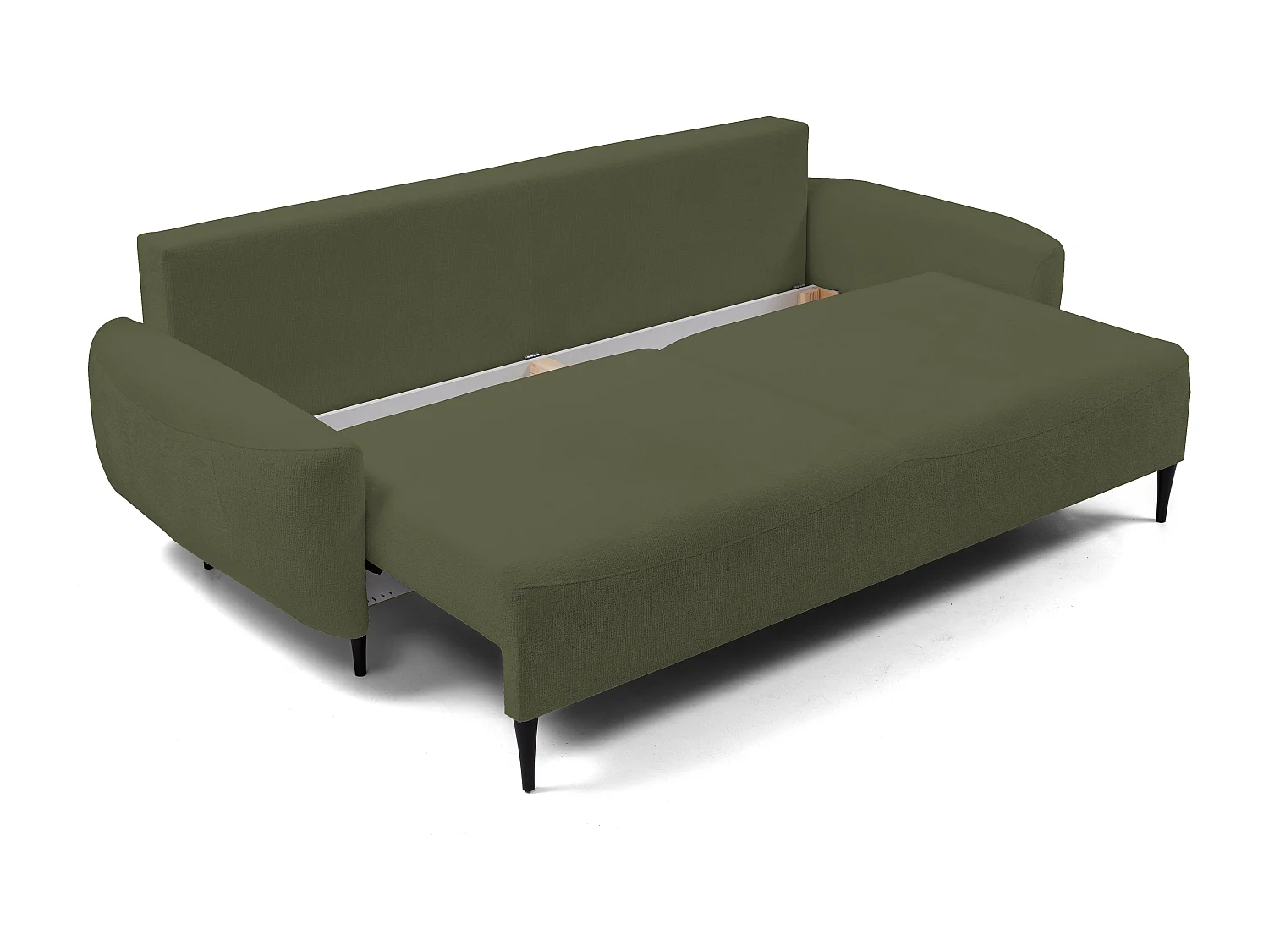 BOHO Sofa - Uitschuifbare bank met slaapoppervlak 140x200 cm, houten poten, opbergruimte, PUR-stof, 244x92x102 cm OLIJFGROEN